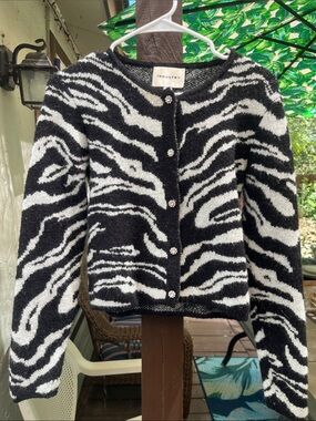 INDUSTRY Zebra Print Cropped Cardigan Rhinestone Buttons Wool Alpaca Blend EUC